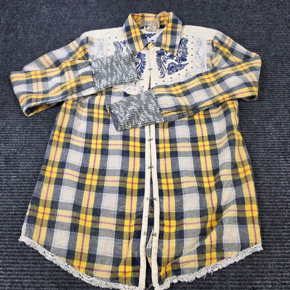 Free People Plaid Shirt Womens Small Yellow Navy Lace Embroidered Boho Flannel